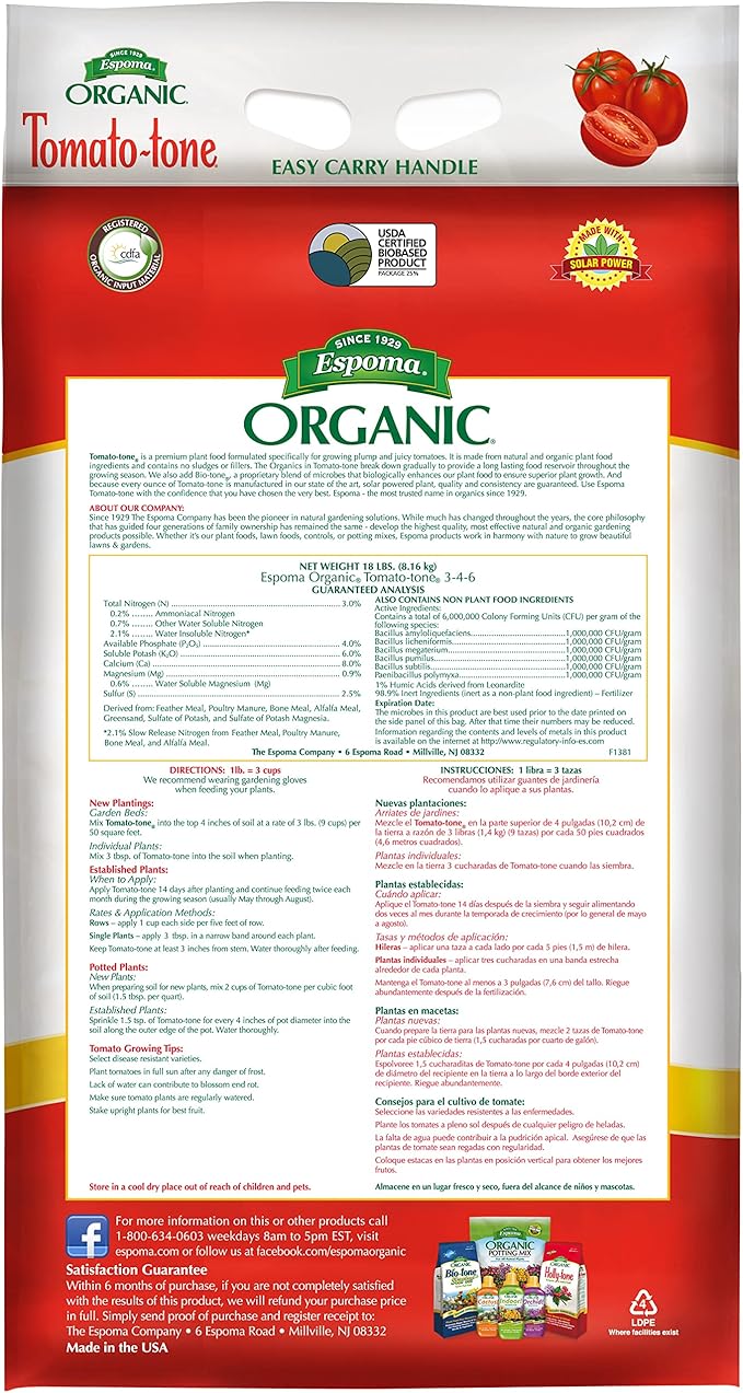 Espoma Organic Tomato-Tone 3-4-6 with 8% Calcium. Organic Fertilizer for All Types of Tomatoes and Vegetables. Promotes Flower and Fruit Production. 18 lb. Bag