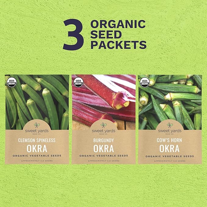 Organic Okra Lovers Seeds Variety Pack - 3 Individual Packs - 2026 Season - Cowhorn, Burgundy and Clemson Spineless! for Indoor & Outdoor Planting (Non-GMO, Certified Organic)