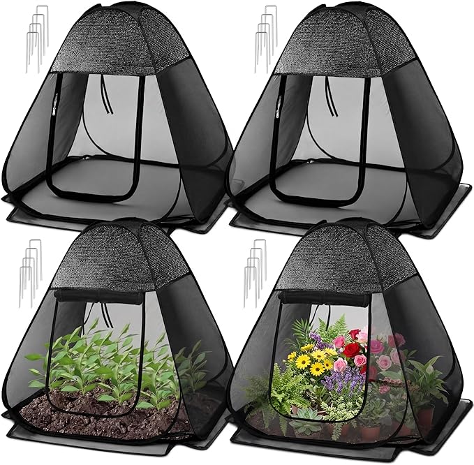 4 Pack Pop up Plant Shade Tent with UV Top, Garden Mesh Tent Cover with Zipper Door and 16 Stakes, Sunblock Plant Shade Cloth for Outdoor Vegetables Flowers Shrubs (28x28x30in)