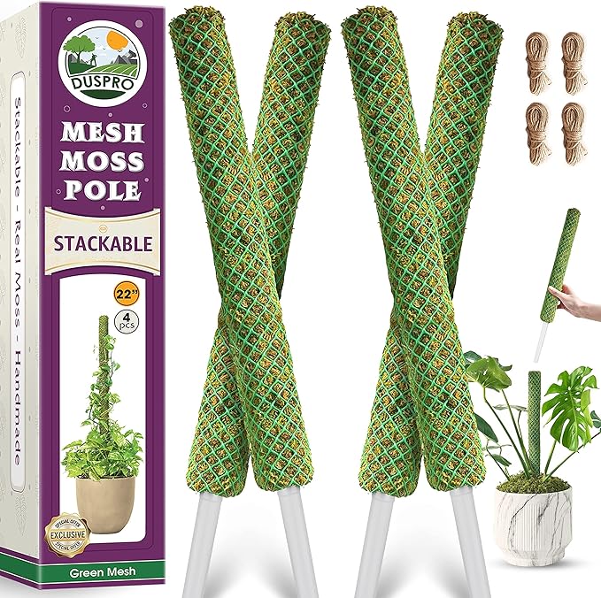 DUSPRO Green Stackable Mesh Moss Pole for Plants Climbing Vine Supporting Monstera Trellis, for Indoor Plants Extendable Plant Pole Moss Sticks, for Plants Monstera Potted Plant Stakes 1 Pack 22''