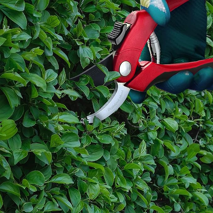 Nevlers 8" Red Bypass Pruning Shears for Gardening | Heavy Duty Garden Shears & Hand Pruners | Stainless Steel Plant Trimmer Blades w/ 8mm Cut Cap | Ergonomic Spring-Assisted Garden Clippers Handheld