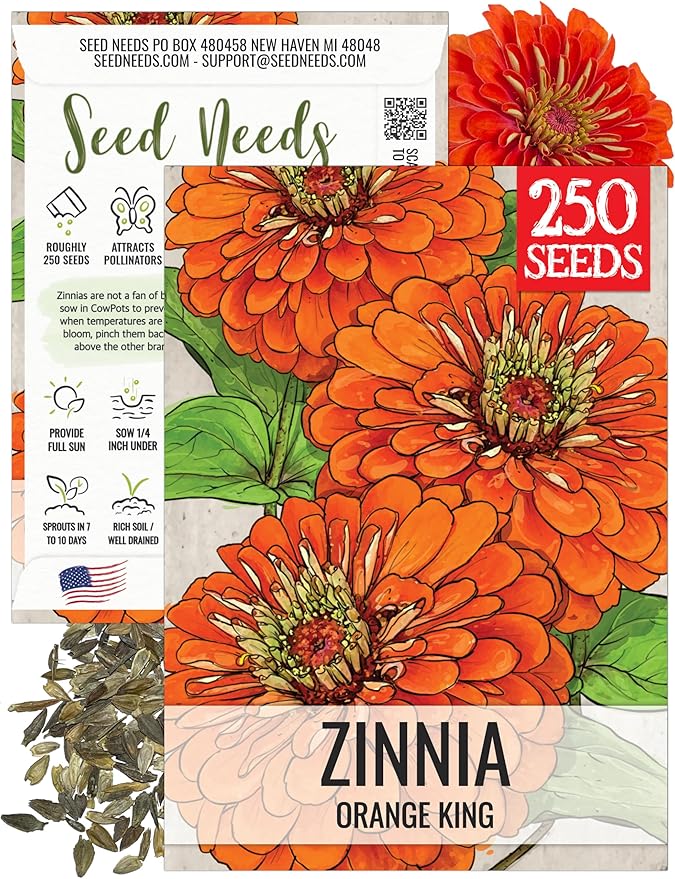 Seed Needs Zinnia Seeds for Planting Orange King Zinnias - Heirloom & Open Pollinated Wildflower Seed to Plant a Butterfly Garden - Great for Cut Flowers (1 Pack)