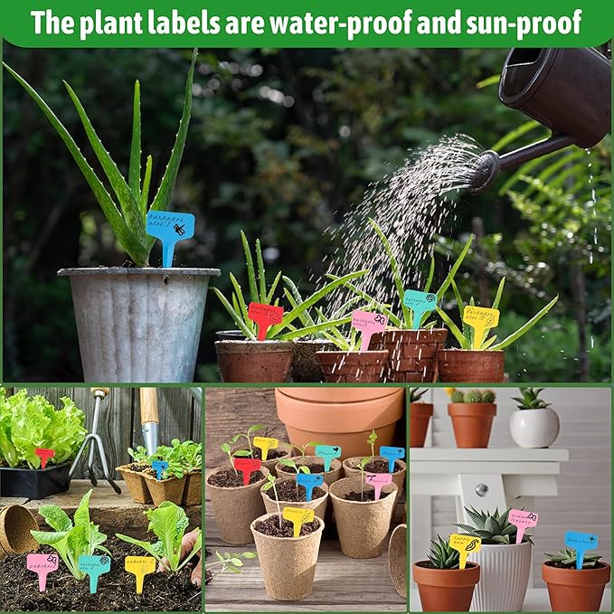 Plant Labels Tags 200Pcs T-Type Plant Markers Plastic Plant Label Garden Labels Tags Plant Labels for Outdoor Garden Waterproof Plant Label Identification Stakes with Permanent Marking Pen 5 Colors