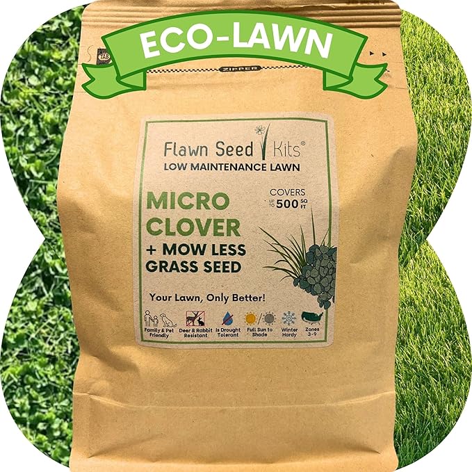 Flawn Seed Kits Micro Clover Seed + Mow Less Fine Fescue Grass, Low Maintenance, Eco-Lawn, Covers up to 500 Sqft