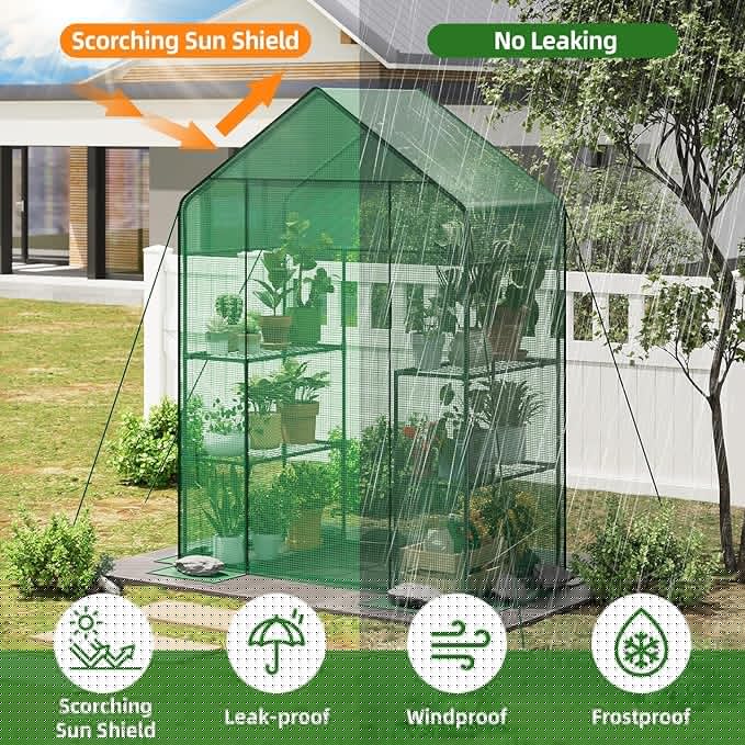 Superlele Walk-in Greenhouse for Outdoor, 56x29x77 Inch Portable Garden Green House with 6 Tiers (3 Tiers Each Side), Reinforced Green PE Mesh Cover, 4 Ground Stakes for Stability, Zippered Door