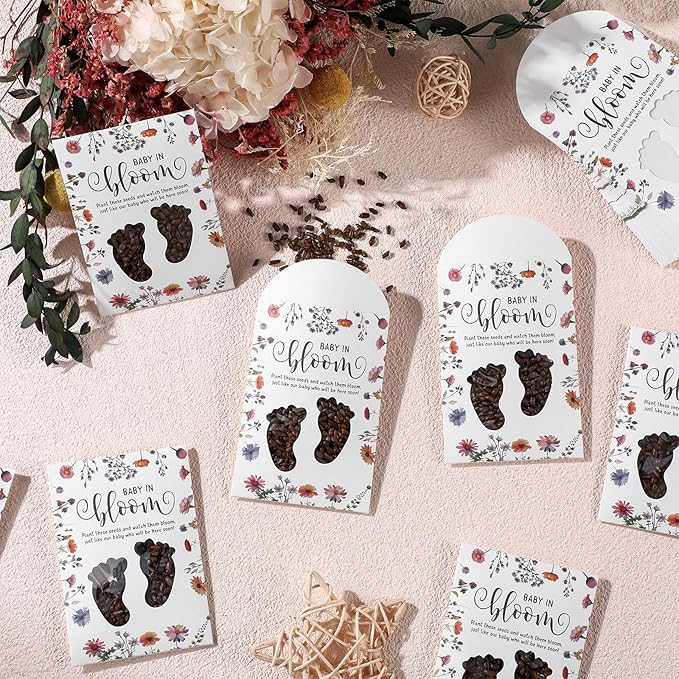 Fumete 50 Pack Footprint Style Baby in Bloom Baby Shower Favor for Guest Wildflower Seeds Packets Party Favor with Love Window Wildflower Seed Envelopes for Wedding Party Gender Reveal