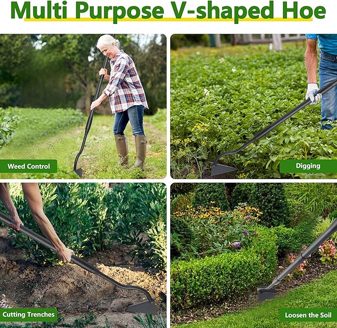 Hoe Garden Tool, Triangle Garden Hoe for Digging Cutting Trenches Loosen Soil Heavy Duty Hand Weed Hoe Long Handle 59 Inch