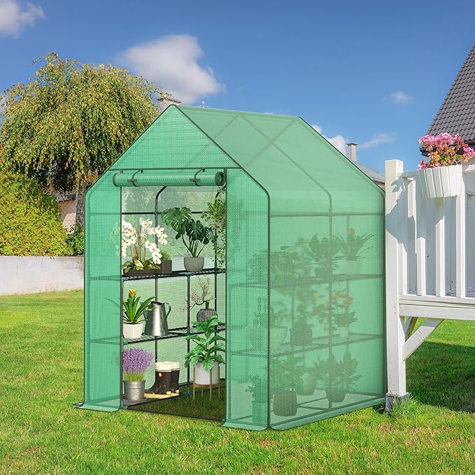 LEMY Walk-in Greenhouse for Outdoors,2-Tier 8 Shelves Heavy-Duty PE Cover with Roll-Up Zipper Door and Windows,Steel Frame Plant Hot House with Anchors,Ropes for Garden,Patio