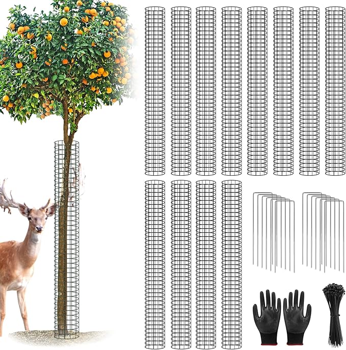 UQM 48 Inch Tree Trunk Protector, 12 Pcs Metal Tree Guards Trunk Protector with Glove & Metal Stakes & Zip Ties, Mesh Tree Bark Protector, Plant Protectors from Deer Animals Mowers Trimmers