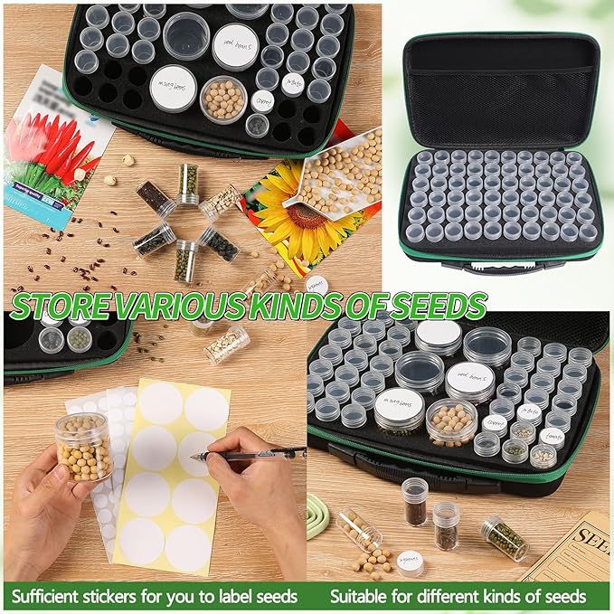 Douorgan Seed Storage Box, Portable Seed Saving Box, Sturdy Seed Organizer Kit Seed Envelopes Funnel Label, Seed Container for Flower Plants Vegetable Seed, M-60 Slots