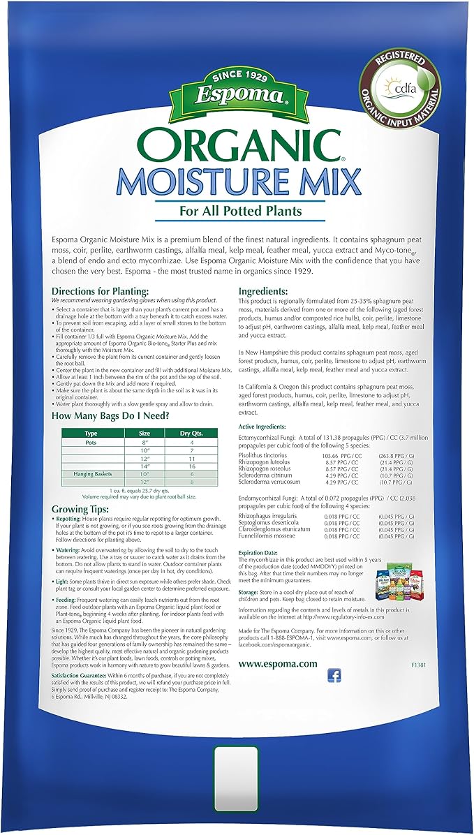 Espoma Organic Moisture Mix Potting Soil - All Natural Potting Mix for All Indoor & Outdoor Containers for Organic Gardening, 1 Cubic Foot Bag. Pack of1