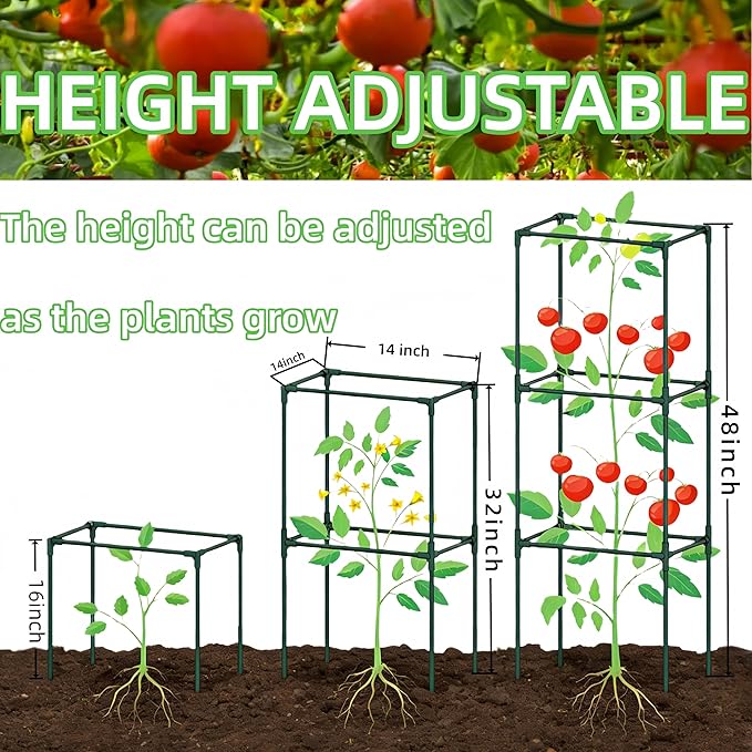 3 Pack Square Tomato Cages for Garden, 48 Inch Tall Heavy Duty Metal Tomato Plant Support Trellis, Adjustable Large Tomato Stakes for Outdoor Pots Climbing Plants, Vegetables, Cucumber