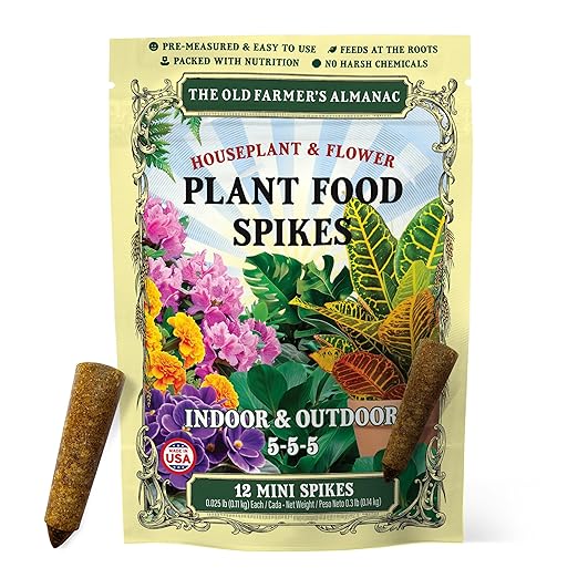 The Old Farmer's Almanac Houseplant & Flower Plant Food Mini Spikes - NPK 5-5-5 for Continuous Feeding and Vibrant Colors (12 Mini Spikes)