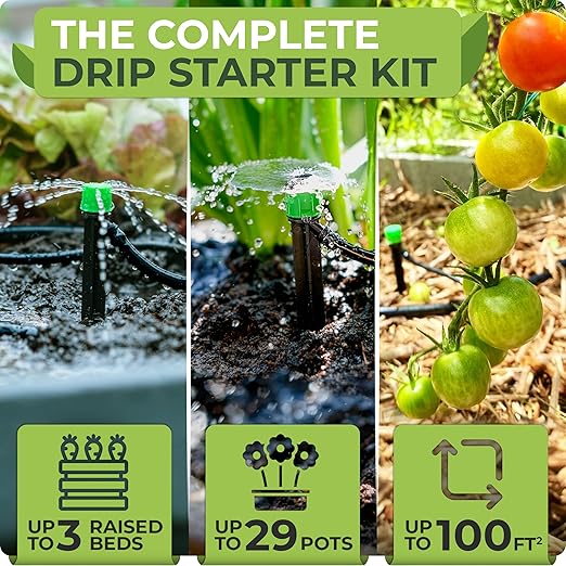 CARPATHEN Adjustable Premium Complete Drip Irrigation System Kit for Garden, Raised Beds with Drip Emitters, 5/16" and 1/4" Irrigation Tubing and Barbed Fittings