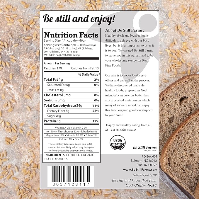 Be Still Farms Organic Hulled Barley Grain (2.8lb) - Whole Barley Groat Seed Bulk - Great for Soup, Flour, Cereal, Home Brewing, Grinding - High in Fiber | USA Grown | USDA Certified | Vegan | Non-GMO