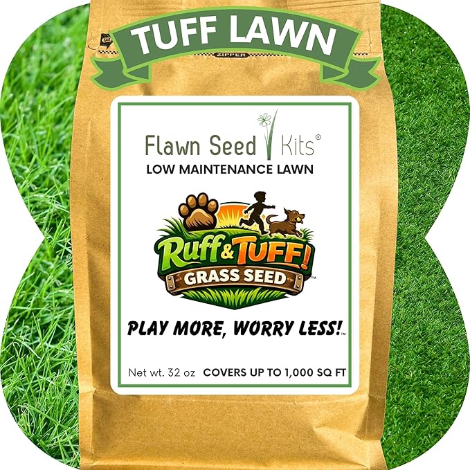 Flawn Seed Kits Ruff and Tuff Mow Less Fescue Grass Seed, 2 lbs, Low Maintenance, Family Friendly, Drought Tolerant, Covers up to 1000 Sqft