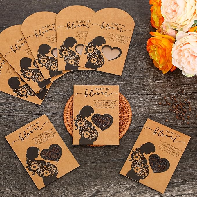 Fumete 50 Pack Baby in Bloom Seed Packets Baby Shower Party Favor for Guest Envelopes Kraft with Clear Window Resealable Seed Organizer Storage Bag for Gender Reveal Party, No Seeds(Mom Flower)