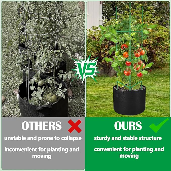 4 Packs 47 x 12 Inch Garden Tomato Cages with Grow Bags- Triangle Plant Support Trellis Assembled with Planter Bags- Garden Cucumber Vegetables Frames for Vertical Climbing Plants