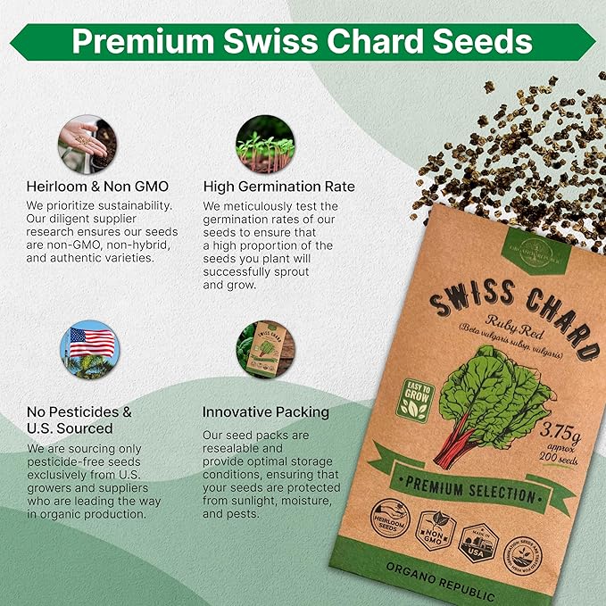 Organo Republic Swiss Chard Ruby Red Seeds Pack 3.75G - Over 200 Non-GMO Heirloom Swiss Chard Seeds for Planting Greens in Individual Seed Packet, Greens Seed for Planting Home Garden Indoor & Outdoor