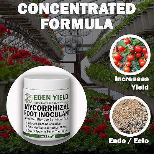 Mycorrhizal Inoculant by Eden Yield – Organic Mycorrhizae Root Enhancer for Plants & Soil – Endomycorrhiza & Ectomycorrhizal Fungi, Beneficial Bacteria, Trichoderma 8 oz (1/2 lb) Treats 30
