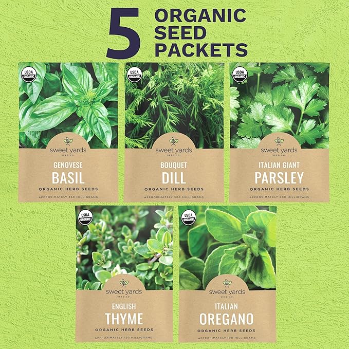 Organic Herb Seeds Variety Pack - 5 Individual Packs - 2026 Season - Basil, Oregano, Dill, Thyme & Parsley. for Indoor & Outdoor Planting (Non-GMO, Certified Organic)