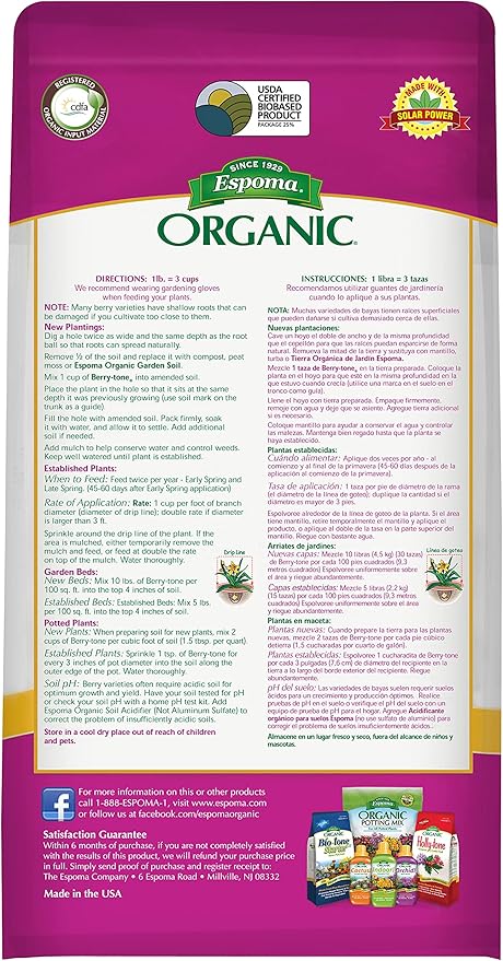 Espoma Organic Berry-Tone 4-3-4 Natural & Organic Fertilizer and Plant Food for All Berries. 4 lb. Bag. Use for Planting & Feeding to Promote Bountiful Harvest - Pack of 2