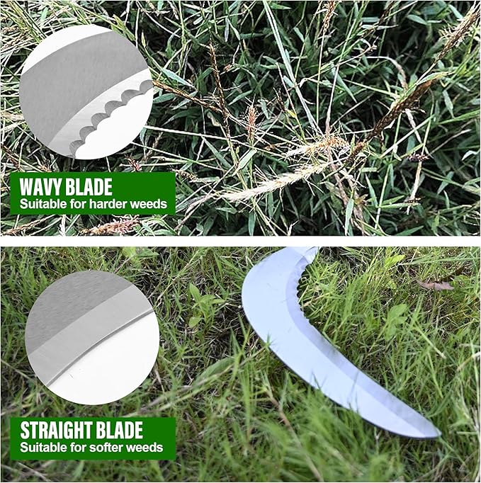 Weeding Sickle, Serrated & Plain-Edged Combined Steel Scythe 51-Inch Adjustable Long Handle, Lightweight Long-Handled Garden Sickle Tool for Gardens, Yards, Fields & Overgrown Areas