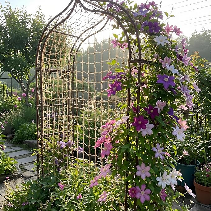 Jute Trellis Netting - Jute Netting for Climbing Plants, Heavy Duty Garden Plant Support Netting for Cucumber, Vine, Fruits & Vegetables Tomato Plants Trellis Net (6.6 x 32.8 Ft, 3.9 Inch Squares)