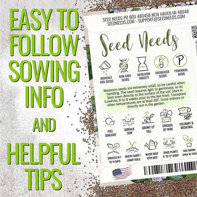 Seed Needs Sweet Marjoram Seeds for Planting - Heirloom, Non-GMO & Untreated - Perennial Culinary & Medicinal Herbs for Indoor/Outdoor Growing (1 Pack)