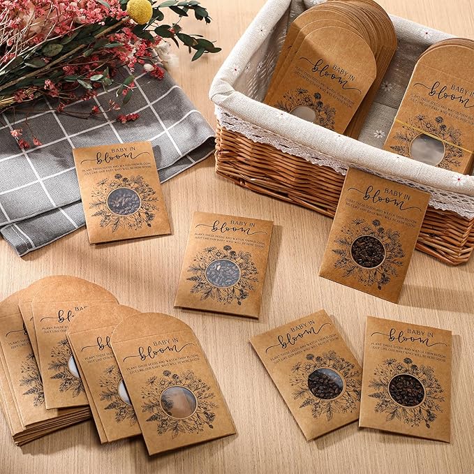 Fumete 50 Pack Baby in Bloom Seed Packets Baby Shower Party Favor for Guest Envelopes Kraft with Clear Window Resealable Seed Organizer Storage Bag for Gender Reveal Party, No Seeds(Wildflower)