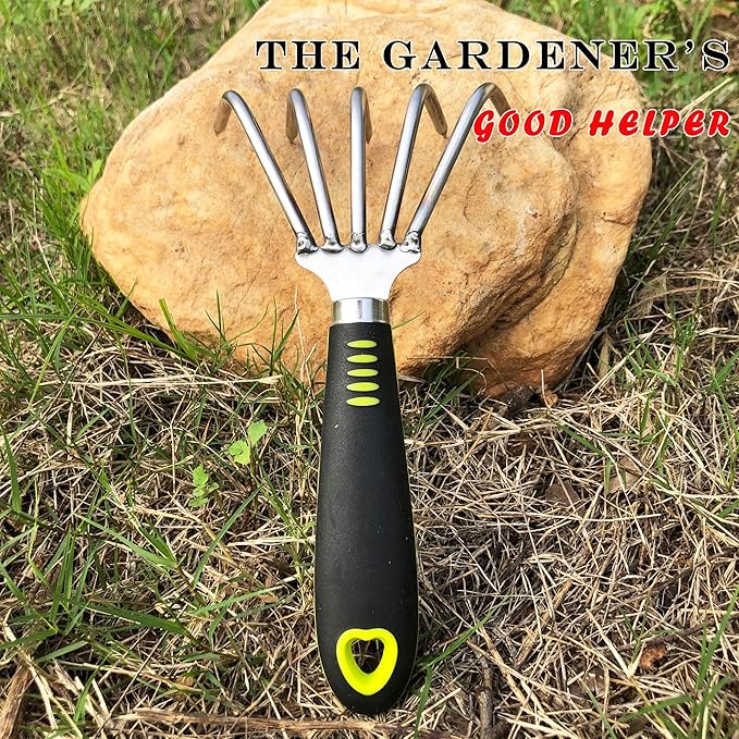 SHANFEEK Garden Rake 5-Claw Landscape Dethatcher Thatching Beach Combing Rake for Digging Clam Shell Defoliation Hoe Garden Tool for Loosen The Soil (Green)