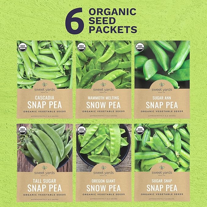 Organic Pea Lover Seeds Variety Pack - 6 Individual Packs - 2026 Season - Cascadia Snap Pea, Giant Snow, Sugar Ann Snap and More! For Indoor & Outdoor Planting (Non-GMO, Certified Organic)