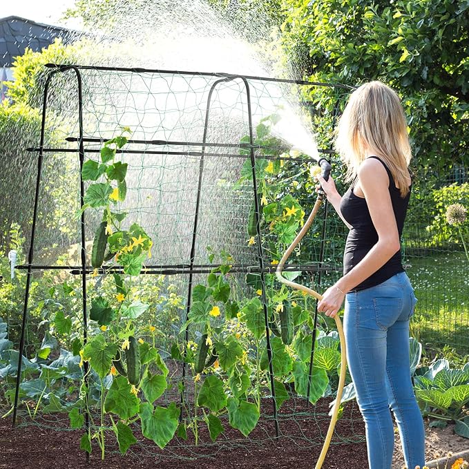 lalahoni Garden Cucumber Trellis for Climbing Plants Outdoor, 5.3 FT Tall Metal Arch Plant Support Vegetable Fruit Flower Vine Plant, Pea Tunnel A-Frame Raised Bed, with Netting, Black, RJ-HPZZ160