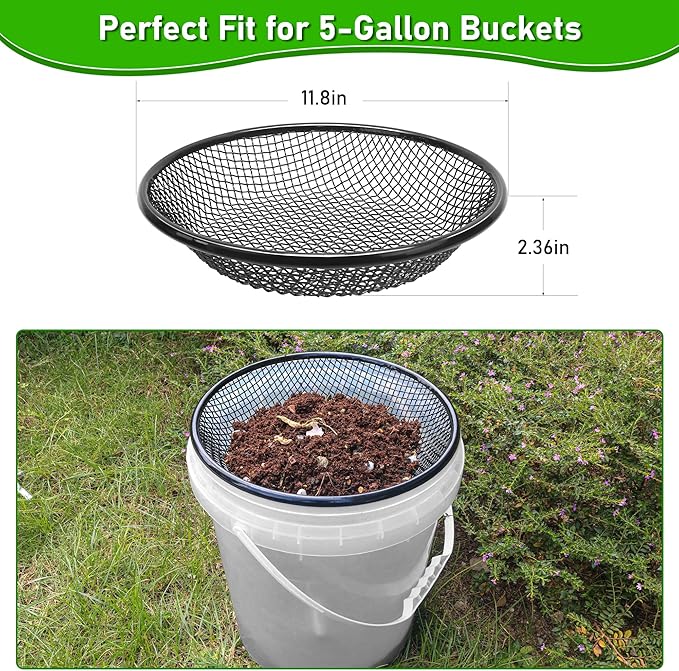 3Pcs 11.8" W Soil Sifter for Gardening, 2,4,6mm Grid Rock Sifter for 5 Gallon Bucket, Stainless Steel Fine Dirt Sifter, Compost Sifter for Capturing Dirt, Sand, Rocks, and Filtering Compost (Black)