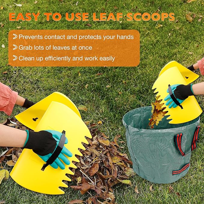 Sickle Garden Tool Set, Long Handle Weeding Sickle with Serrated Double-Edged Blade, Grass Sickle Stand Up Weeding Tool with 2 Pack Leaf Scoops, 16 Gallon Lawn Bag with Gardening Gloves for Yard