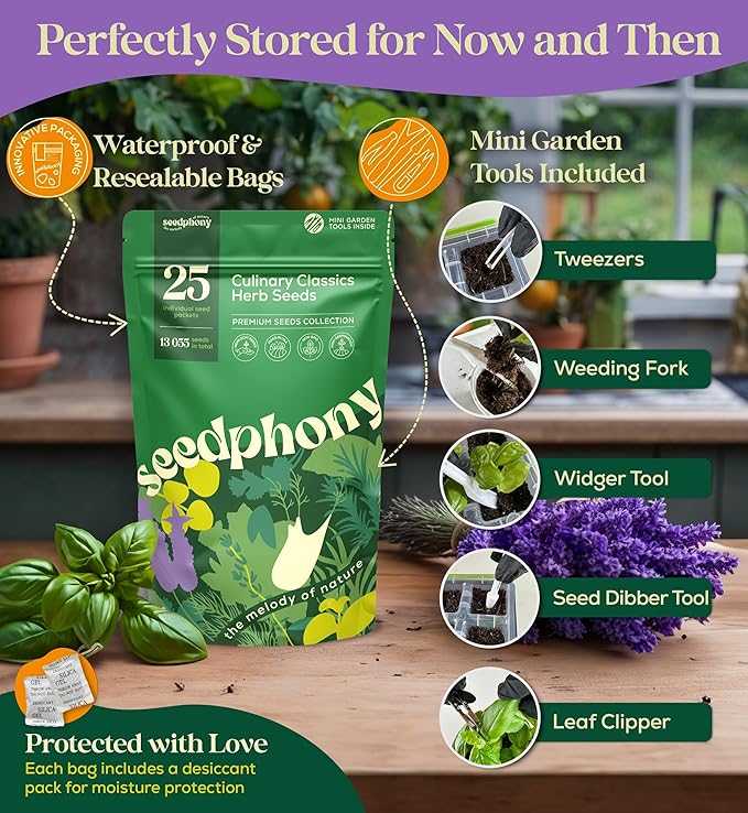 25 Culinary Herb Seeds Variety Pack - 13,055+ Non-GMO Heirloom Herbs Seeds for Planting Indoor & Outdoor: Rosemary, Basil, Catnip, Cilantro, Dill, Parsley, Oregano, Thyme, Mint, Tarragon, Lavender
