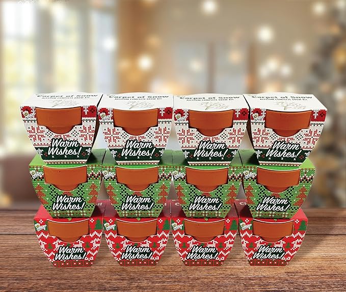 BUZZY Seeds Sweater Pattern Mini Terracotta Pots Grow Kit, 12-Pack Assorted Christmas Basil, Spruce, and Alyssum Seed Packets, Indoor Plant Starter Set, Stocking Stuffers, Party Favors