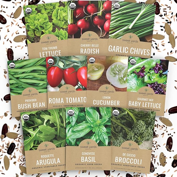 Organic Container Garden Seeds Variety Pack - 10 Individual Packs - 2026 Season - Ruquette arugula, Genovese Basil and More! for Indoor & Outdoor Planting (Non-GMO, Certified Organic)