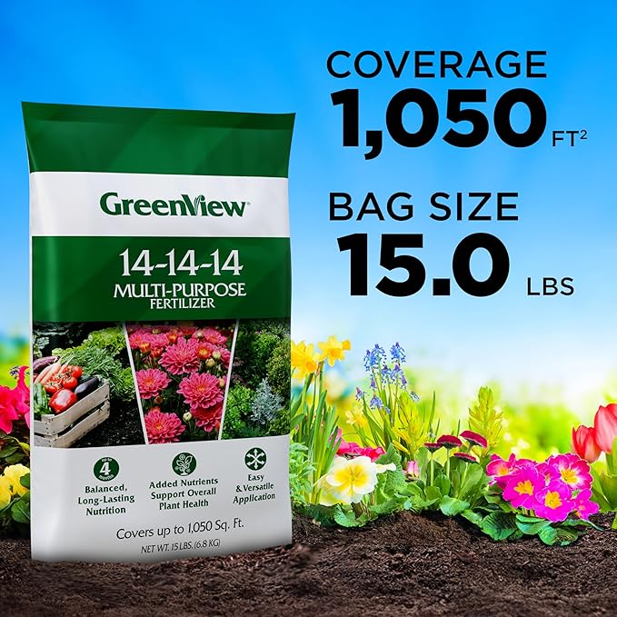 GreenView Multi-Purpose Fertilizer, NPK 14-14-14; 15 lb. Bag - Plant Food Feeds Vegetables, Flowers, Trees and shrubs for up to 4 Months - Covers up to 1,050 sq. ft.