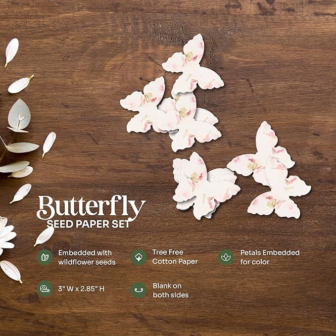 Set of 24 Pink Butterfly Seed Paper – Writable & Plantable Wildflower with Envelopes & Planting Guides, Gift for Moms or Plant Lover for Valentine’s Day, Mother’s Day, Weddings & Life Celebrations