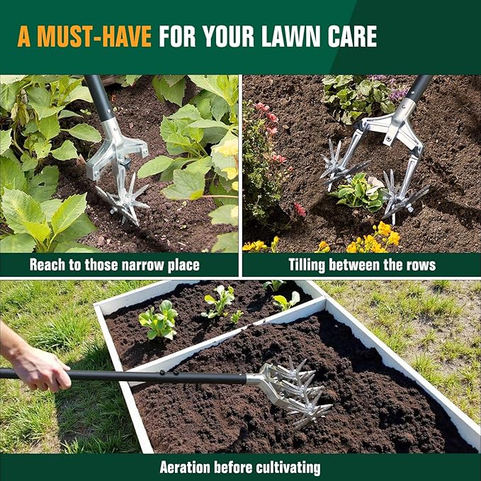 Rotary Cultivator Garden Tool for Gardening and Lawn(61''), Rotary Hand Tiller with Detachable Thicker Tines&Sturdy Steel Handle, Manual Tiller Cultivator for Soil or Reseeding Grass