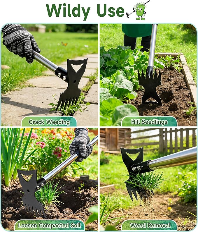 71in Weed Puller Tool with Long Handle, 2 in 1 Adjustable Manual Weeders for Uprooting, Heavy Duty Hand Weed Rake and Garden Hoe with Gloves for Gardens, Lawns, Yards