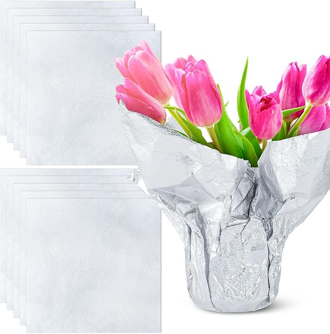 10 PCS Foil Wrap for Potted Plant, 19.7×19.7 inches Sliver Floral Foil Plant Pot Covers, Matte Texture Wrapping Paper for Christmas Plant Pot, Foil Wrapping Paper for DIY Flower Pot (Sliver)