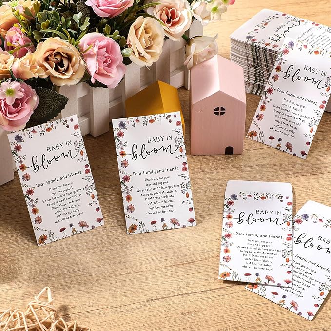 Fumete 50 Pcs Baby Shower Seed Packet Self Adhesive Kraft Envelopes Baby in Bloom Seed Storage Packets Mini Kraft Retro Paper Organizer for Gender Reveal Party, No Seeds(Cute)