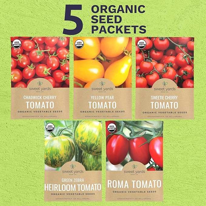 Organic Cherry Tomato Seeds Variety Pack - 5 Individual Packs - 2026 Season - Green Zebra, Sweetie Cherry, Chadwick, Yellow Pear and More! for Indoor & Outdoor Planting (Non-GMO, Certified Organic)