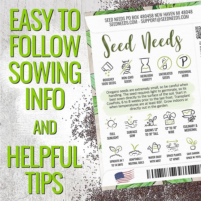 Seed Needs Oregano Seeds for Planting Italian Herbs - Non-GMO Heirloom & Untreated Culinary Herb Seed - Grow Indoors or Outdoors for a Kitchen Garden (2 Packs)
