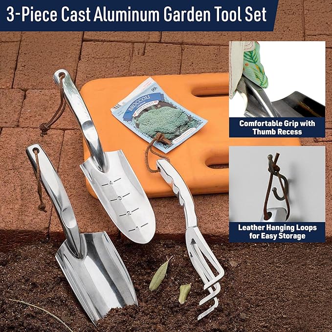 Hand Gardening Tools 3 Pack with Cultivator Hand Rake, Transplanting Shovel, and Garden Trowel for Planting - Heavy Duty Cast Aluminum Garden Tool Set with Ergonomic Handles by Kings County Tools