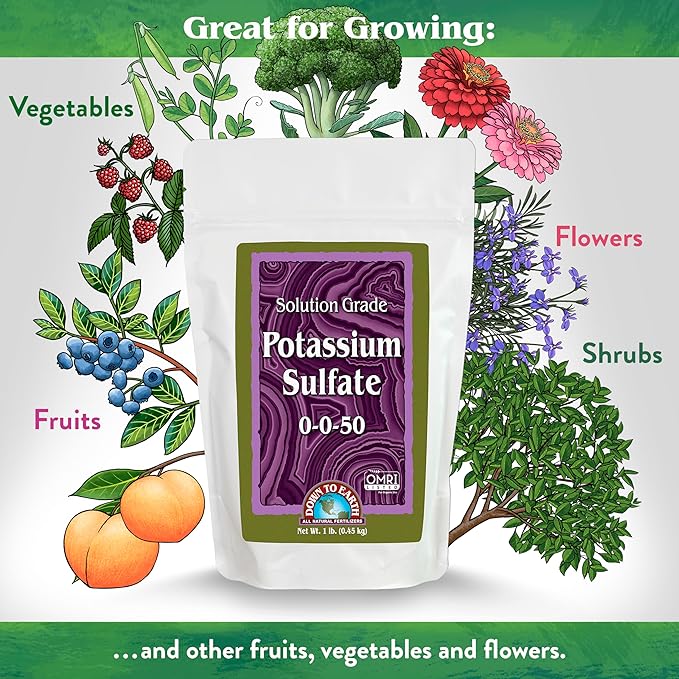 Down To Earth All Natural Fertilizers Organic Solution Grade Potassium Sulfate - Professional Grade SOP Powder 200 mesh for Liquid or Spray Applications 0-0-50, 1 lb