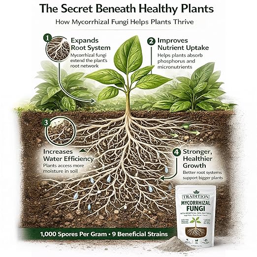 Tradition Mycorrhizal Fungi with Beneficial Soil Bacteria – 1,000 Spores per Gram – Water Soluble Root Inoculant for Houseplants, Vegetables, Trees & Garden Soil – 4 oz