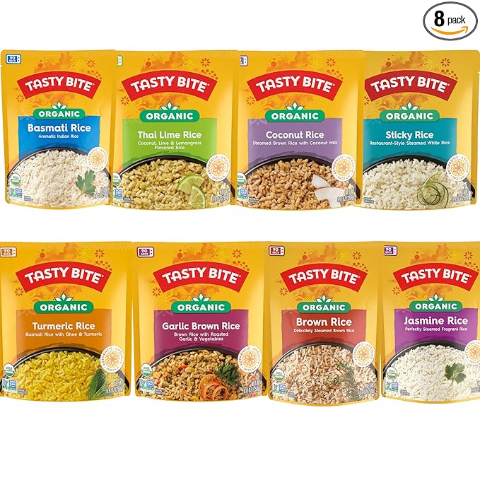 Tasty Bite Rice Variety Pack, 8 Flavors, Basmati, Jasmine, Brown, Sticky, Coconut, Turmeric, Thai Lime, Garlic